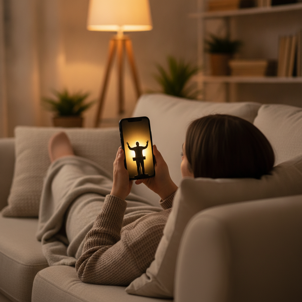 Pessoa assistindo a pregação no celular em casa